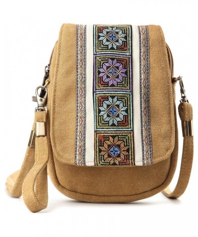 Embroidery Canvas Crossbody Bag Cell phone Pouch Coin Purse for Women A001 - Size Basic - Camel Yellow $10.04 Crossbody Bags