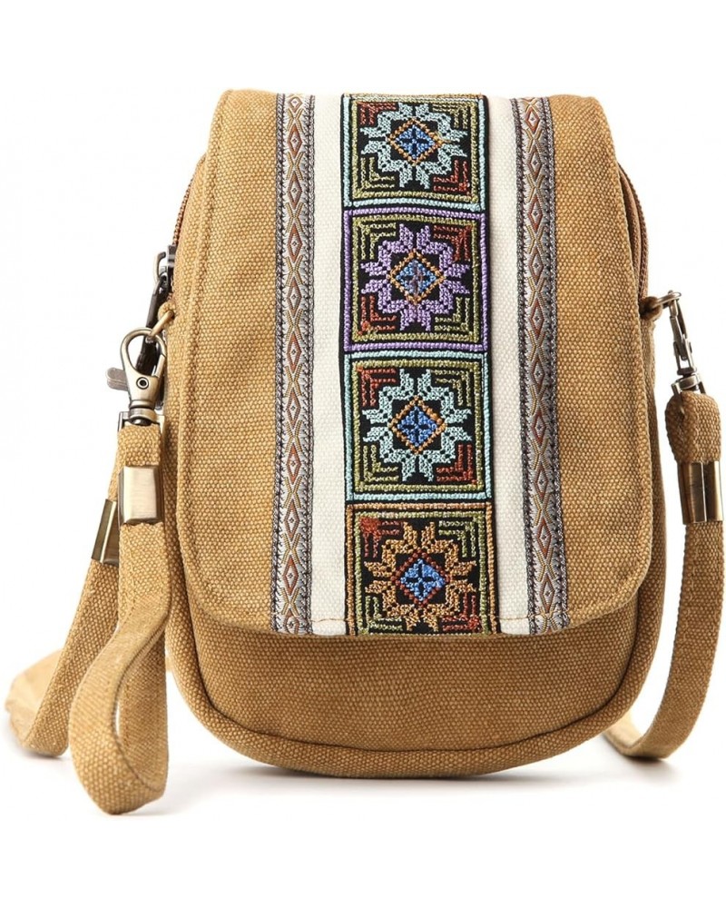 Embroidery Canvas Crossbody Bag Cell phone Pouch Coin Purse for Women A001 - Size Basic - Camel Yellow $10.04 Crossbody Bags