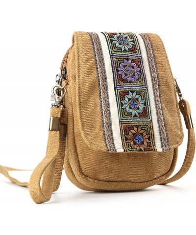 Embroidery Canvas Crossbody Bag Cell phone Pouch Coin Purse for Women A001 - Size Basic - Camel Yellow $10.04 Crossbody Bags