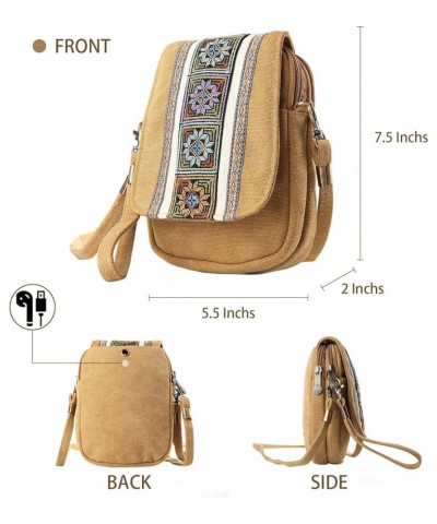 Embroidery Canvas Crossbody Bag Cell phone Pouch Coin Purse for Women A001 - Size Basic - Camel Yellow $10.04 Crossbody Bags