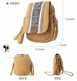 Embroidery Canvas Crossbody Bag Cell phone Pouch Coin Purse for Women A001 - Size Basic - Camel Yellow $10.04 Crossbody Bags