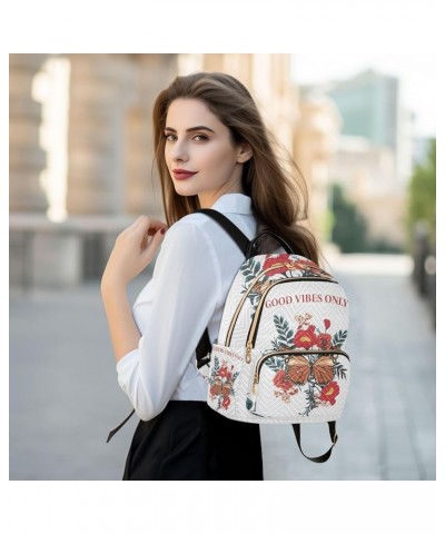 Poppy Flower Butterfly Design Good Vibes Only Small Backpack Purse for Women Travel Bag Fashion Daypack Back Pack Shoulder Ba...