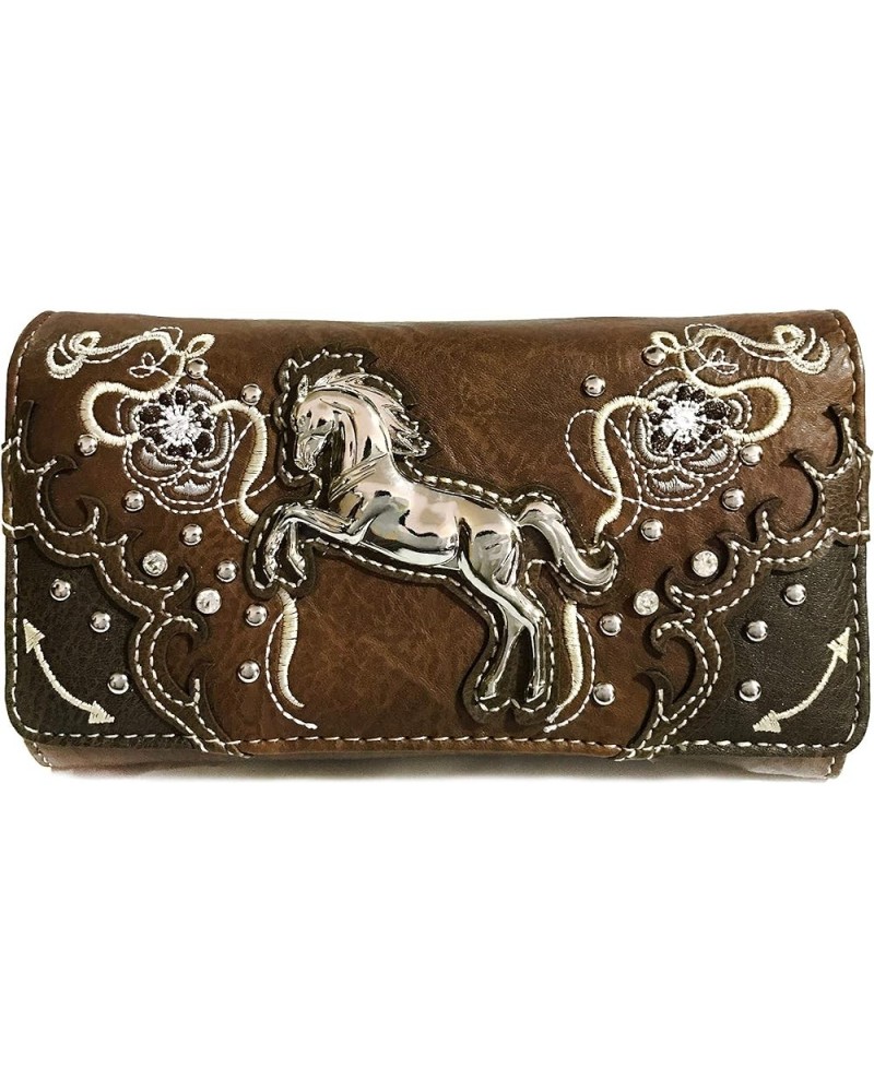 Floral Poppy Horse Western Women Crossbody Wrist Trifold Wallet Chocolate $14.70 Wallets