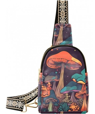 Women's Sling Bag Trippy Vibrant Mushroom Print with Adjustable Strap Zipper Closure, PU Leather Water Resistant Crossbody Ba...