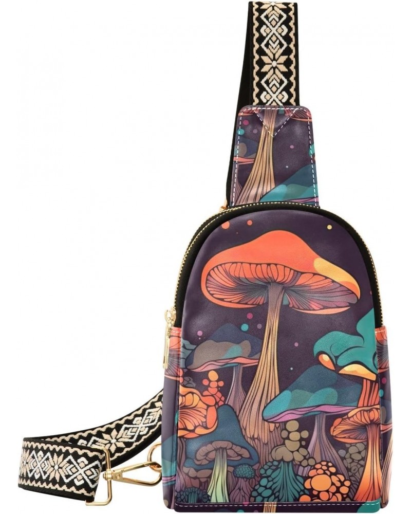 Women's Sling Bag Trippy Vibrant Mushroom Print with Adjustable Strap Zipper Closure, PU Leather Water Resistant Crossbody Ba...