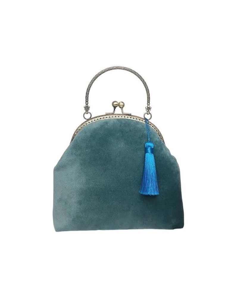 Female Vintage Handmade Velvet Minimalist Simple Hanfu Bag Chinese Wedding Fringed Small Size Side Sling Shoulder Bag Lake Bl...