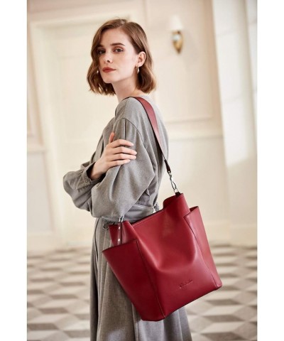 Women Leather Bucket Handbag Leather Purses Hobo Bags Large Ac-wine Red $39.10 Totes