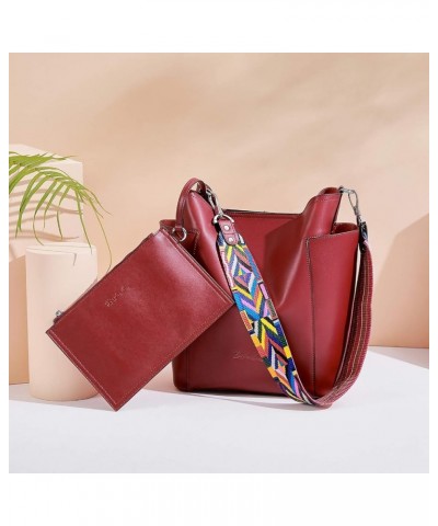 Women Leather Bucket Handbag Leather Purses Hobo Bags Large Ac-wine Red $39.10 Totes