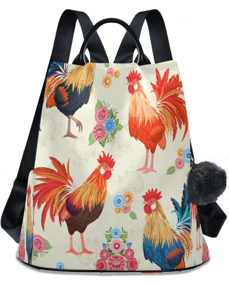 Rooster Flower Floral Large Women's Casual Backpack Shoulder Travel Bag Purse $21.99 Backpacks