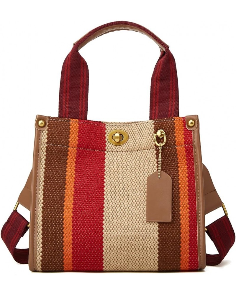 Tote Bag Hobo Bag for Women Canvas Shoulder Bag Chic Crossbody Bag Satchel Large Handbag Color Contrast Stripe Red-small $31....