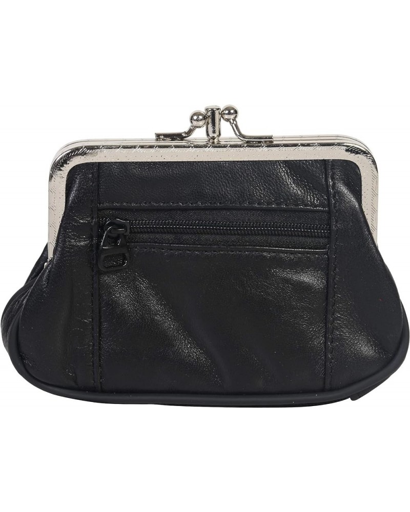 Women's Leather Metal Frame Double Clasp Zipper Coin Purse 5 1/4" x 3 1/4" (Beige) Black $9.66 Wallets