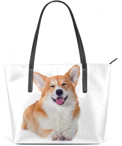 Top Handle Tote Bag PU Leather Shoulder Bag Welsh Corgi Dog Smiling Messenger Bag for Women Ladies Girls $21.80 Shoulder Bags