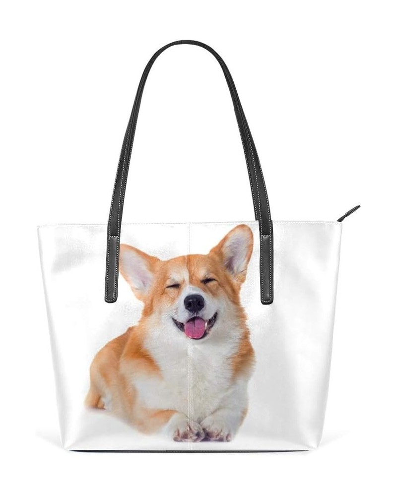 Top Handle Tote Bag PU Leather Shoulder Bag Welsh Corgi Dog Smiling Messenger Bag for Women Ladies Girls $21.80 Shoulder Bags