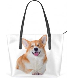 Top Handle Tote Bag PU Leather Shoulder Bag Welsh Corgi Dog Smiling Messenger Bag for Women Ladies Girls $21.80 Shoulder Bags