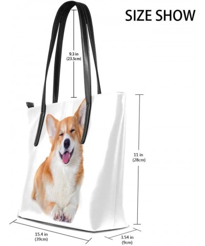 Top Handle Tote Bag PU Leather Shoulder Bag Welsh Corgi Dog Smiling Messenger Bag for Women Ladies Girls $21.80 Shoulder Bags