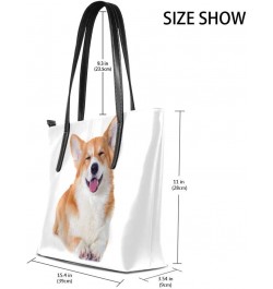 Top Handle Tote Bag PU Leather Shoulder Bag Welsh Corgi Dog Smiling Messenger Bag for Women Ladies Girls $21.80 Shoulder Bags