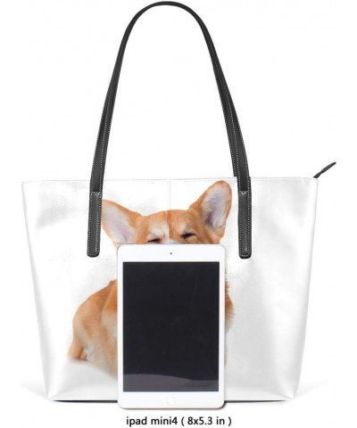 Top Handle Tote Bag PU Leather Shoulder Bag Welsh Corgi Dog Smiling Messenger Bag for Women Ladies Girls $21.80 Shoulder Bags