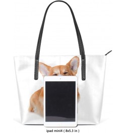 Top Handle Tote Bag PU Leather Shoulder Bag Welsh Corgi Dog Smiling Messenger Bag for Women Ladies Girls $21.80 Shoulder Bags