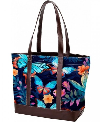 Butterfly Stylish Hand-held Canvas Leather Mix Bag - 13.3x4.7x12.2 in - Fashionable Tote Purse for Women $28.79 Totes