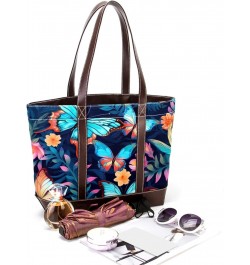 Butterfly Stylish Hand-held Canvas Leather Mix Bag - 13.3x4.7x12.2 in - Fashionable Tote Purse for Women $28.79 Totes