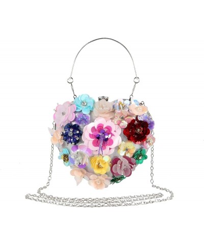 Women Heart Shape Clutch Purse Colorful Flower Evening Bag Sequins Satin Evening Clutch Multicoloured $17.33 Evening Bags