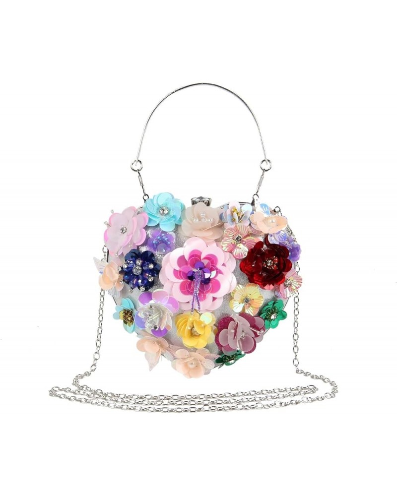 Women Heart Shape Clutch Purse Colorful Flower Evening Bag Sequins Satin Evening Clutch Multicoloured $17.33 Evening Bags