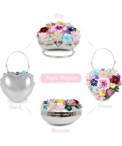 Women Heart Shape Clutch Purse Colorful Flower Evening Bag Sequins Satin Evening Clutch Multicoloured $17.33 Evening Bags