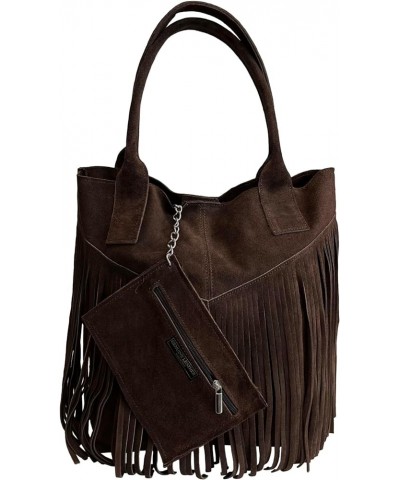 Ladies Genuine Suede Leather Fringe Shopper Bag Plus Same Color Jewelry Pouch - Handbag - Shoulder Bag Dark Brown (Di Moro) $...