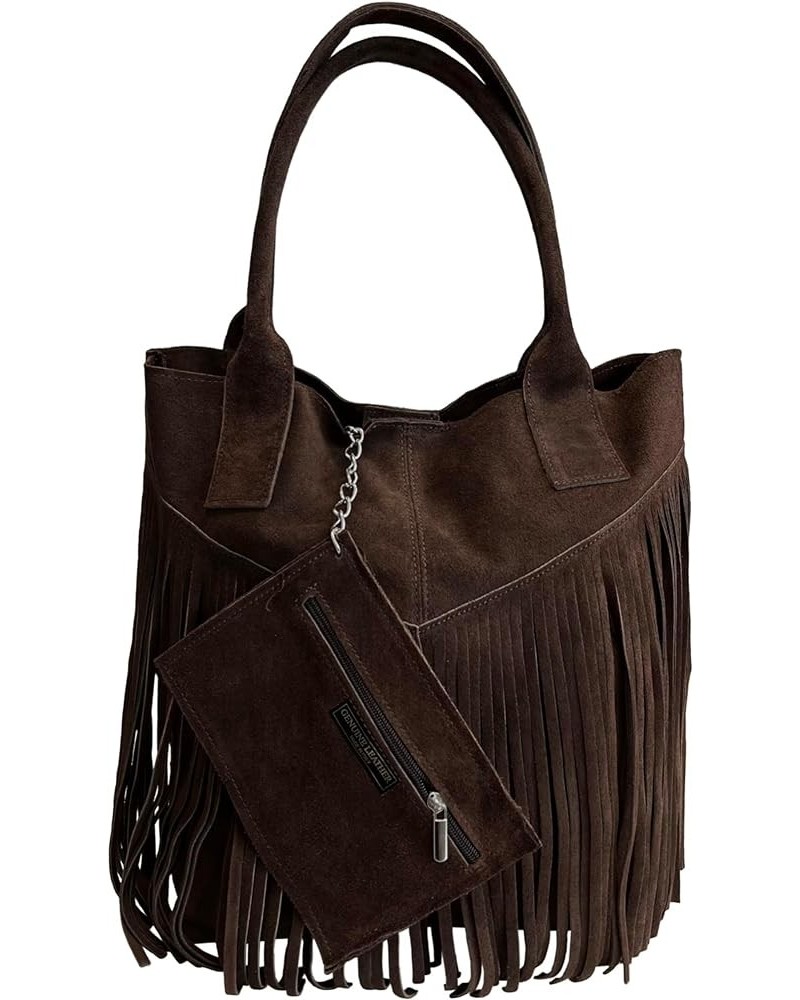 Ladies Genuine Suede Leather Fringe Shopper Bag Plus Same Color Jewelry Pouch - Handbag - Shoulder Bag Dark Brown (Di Moro) $...