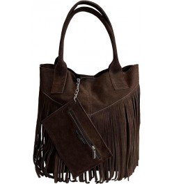 Ladies Genuine Suede Leather Fringe Shopper Bag Plus Same Color Jewelry Pouch - Handbag - Shoulder Bag Dark Brown (Di Moro) $...