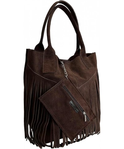 Ladies Genuine Suede Leather Fringe Shopper Bag Plus Same Color Jewelry Pouch - Handbag - Shoulder Bag Dark Brown (Di Moro) $...