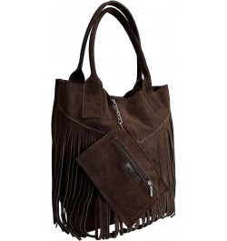 Ladies Genuine Suede Leather Fringe Shopper Bag Plus Same Color Jewelry Pouch - Handbag - Shoulder Bag Dark Brown (Di Moro) $...