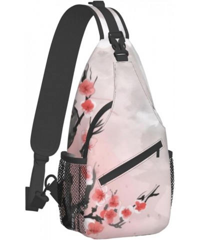 Pink Cherry Floral Print Men'S Casual Crossbody Chest Bag - A Versatile Accessory For Everyday Use And Short Trips Black $16....