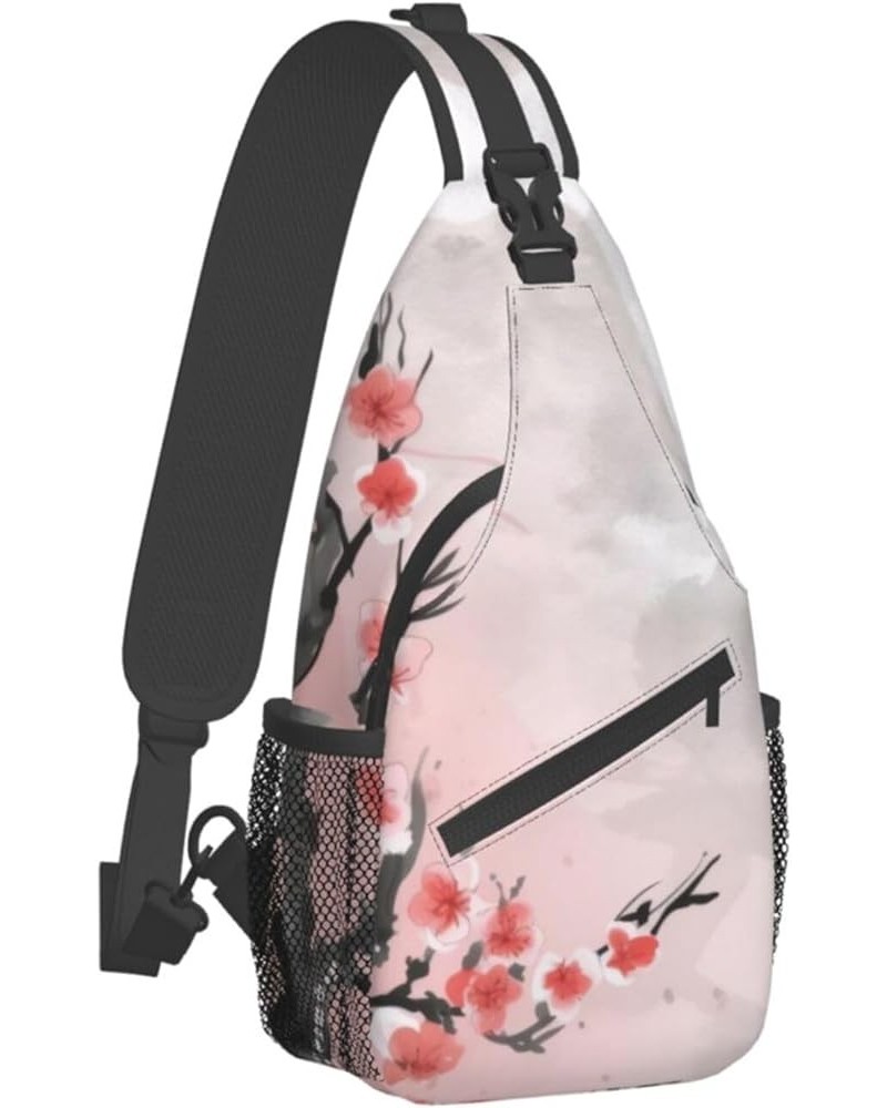 Pink Cherry Floral Print Men'S Casual Crossbody Chest Bag - A Versatile Accessory For Everyday Use And Short Trips Black $16....