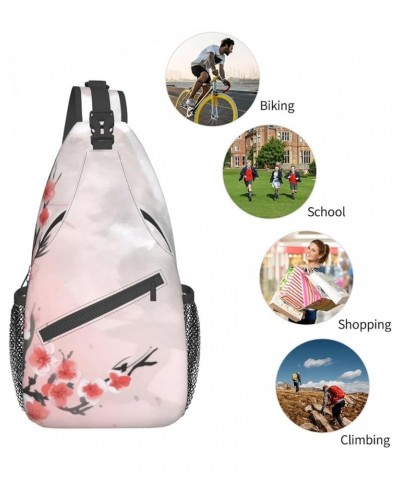 Pink Cherry Floral Print Men'S Casual Crossbody Chest Bag - A Versatile Accessory For Everyday Use And Short Trips Black $16....