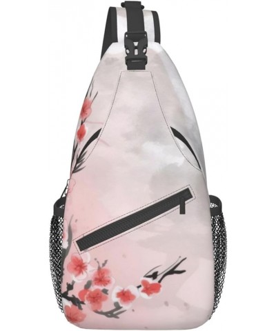 Pink Cherry Floral Print Men'S Casual Crossbody Chest Bag - A Versatile Accessory For Everyday Use And Short Trips Black $16....