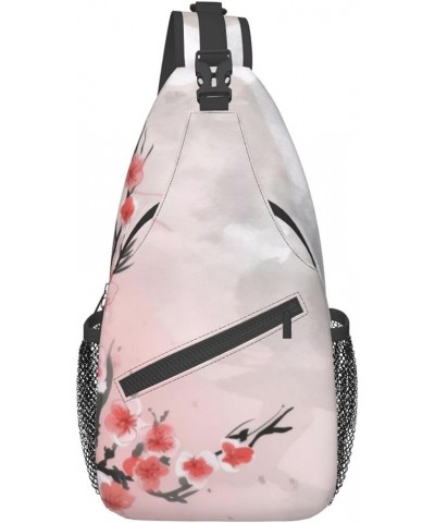 Pink Cherry Floral Print Men'S Casual Crossbody Chest Bag - A Versatile Accessory For Everyday Use And Short Trips Black $16....