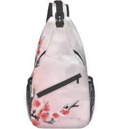 Pink Cherry Floral Print Men'S Casual Crossbody Chest Bag - A Versatile Accessory For Everyday Use And Short Trips Black $16....