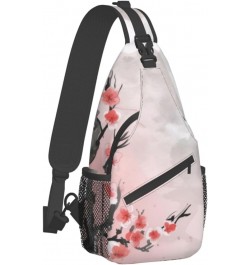 Pink Cherry Floral Print Men'S Casual Crossbody Chest Bag - A Versatile Accessory For Everyday Use And Short Trips Black $16....