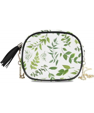 Small Crossbody Bag Green Leaves Herbs Womens Shoulder Chain Bag PU Leather Small Purse With Tassels $12.23 Shoulder Bags