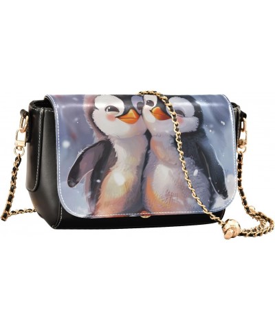 Penguin Are Hugging Stylish Leather Flap Crossbody Bag with Zipper and Adjustable Shoulder Strap $23.59 Crossbody Bags